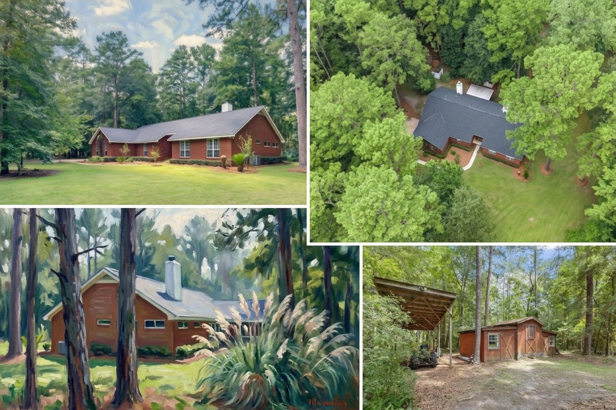 Four-view collage of Southern Oaks Estate showing the brick ranch home, wooded acreage, an artistic exterior view, and the outbuilding.